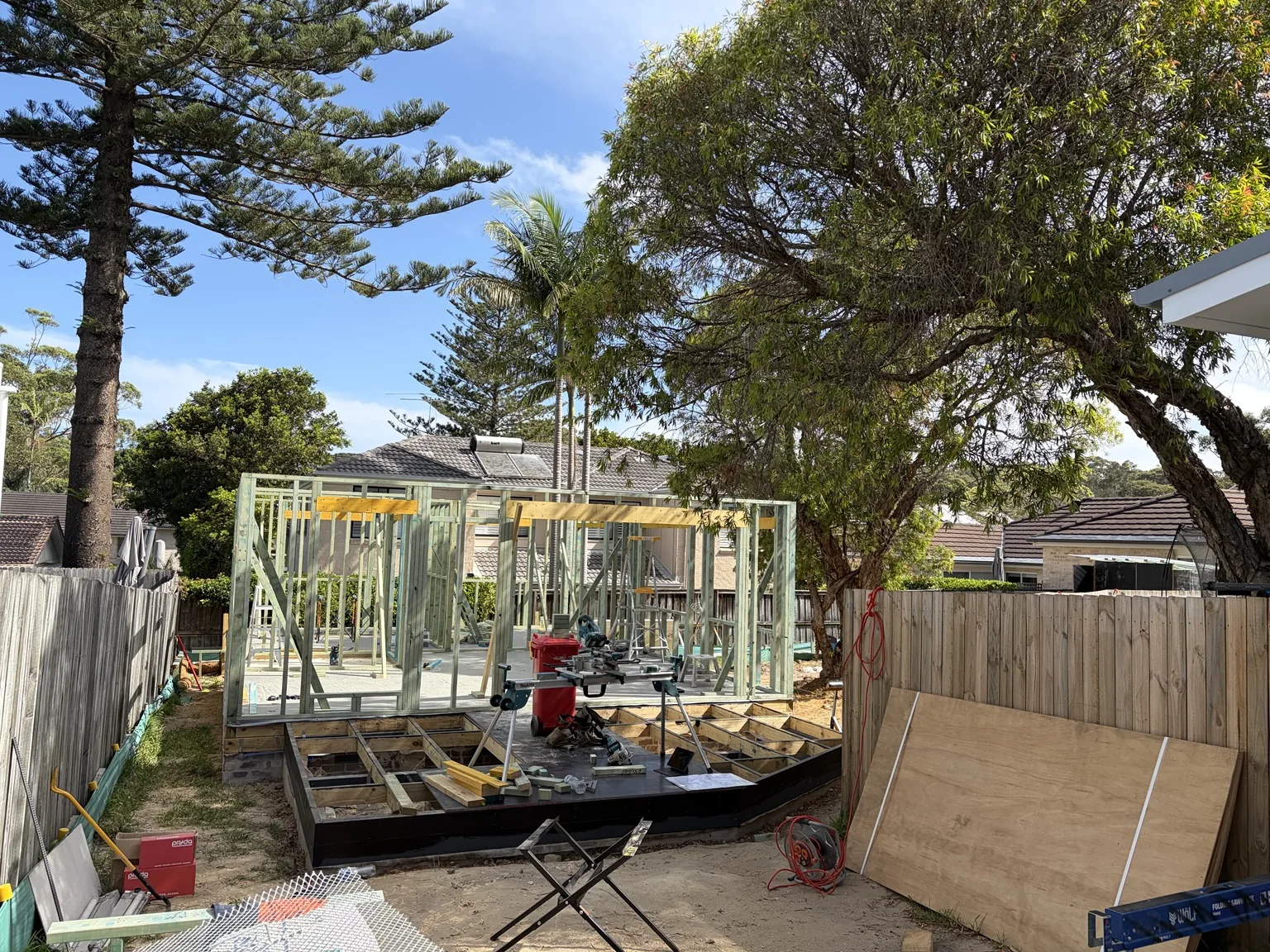 Timber wall framing under construction